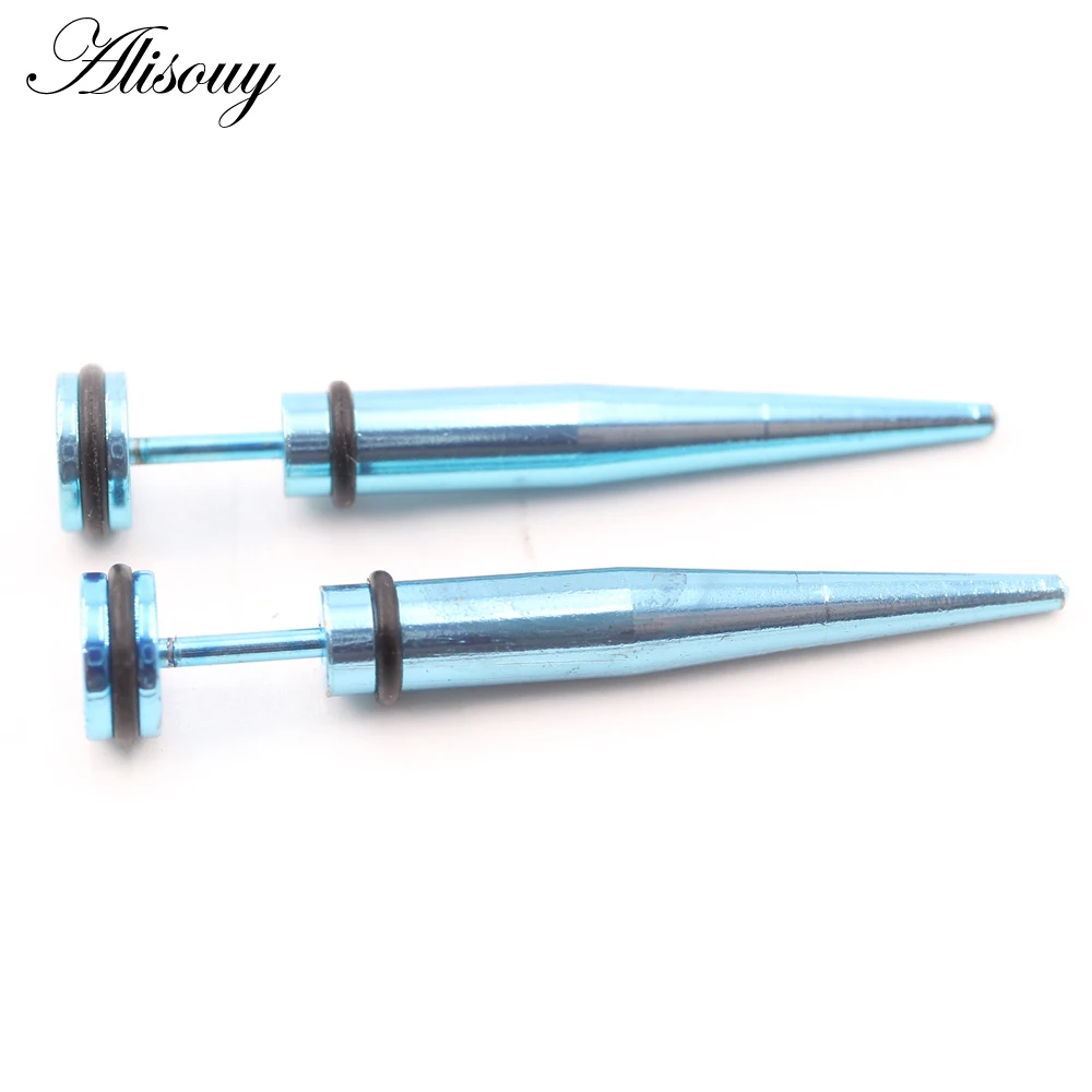 Alisouy 2pcs Pink Blue Color Stainless Steel HipHop Punk Pointed Cone Spike Tip Girls Boys Men Women Piercing Ear Stud Earrings