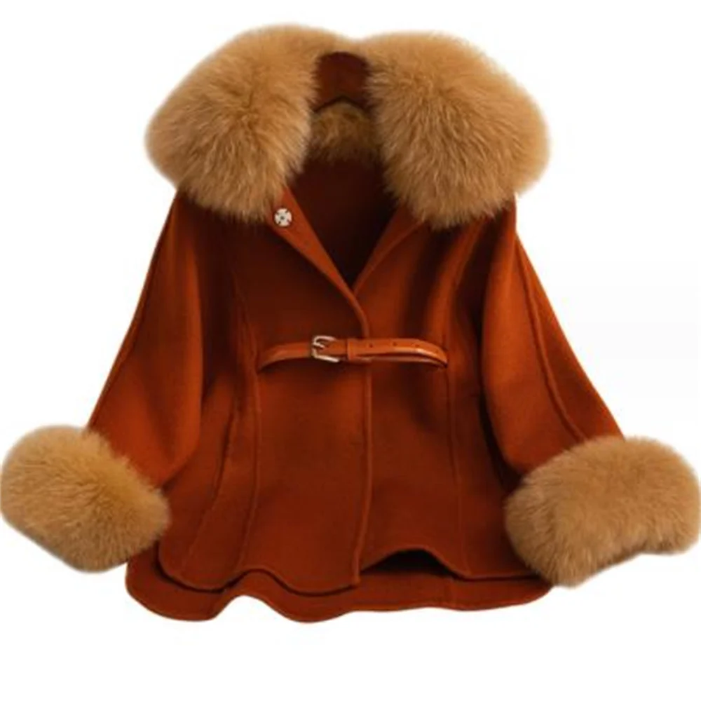 New Wool Double sided Cashmere Coat for Girls Children Belt Fox Hair Collar  Coat for Winter