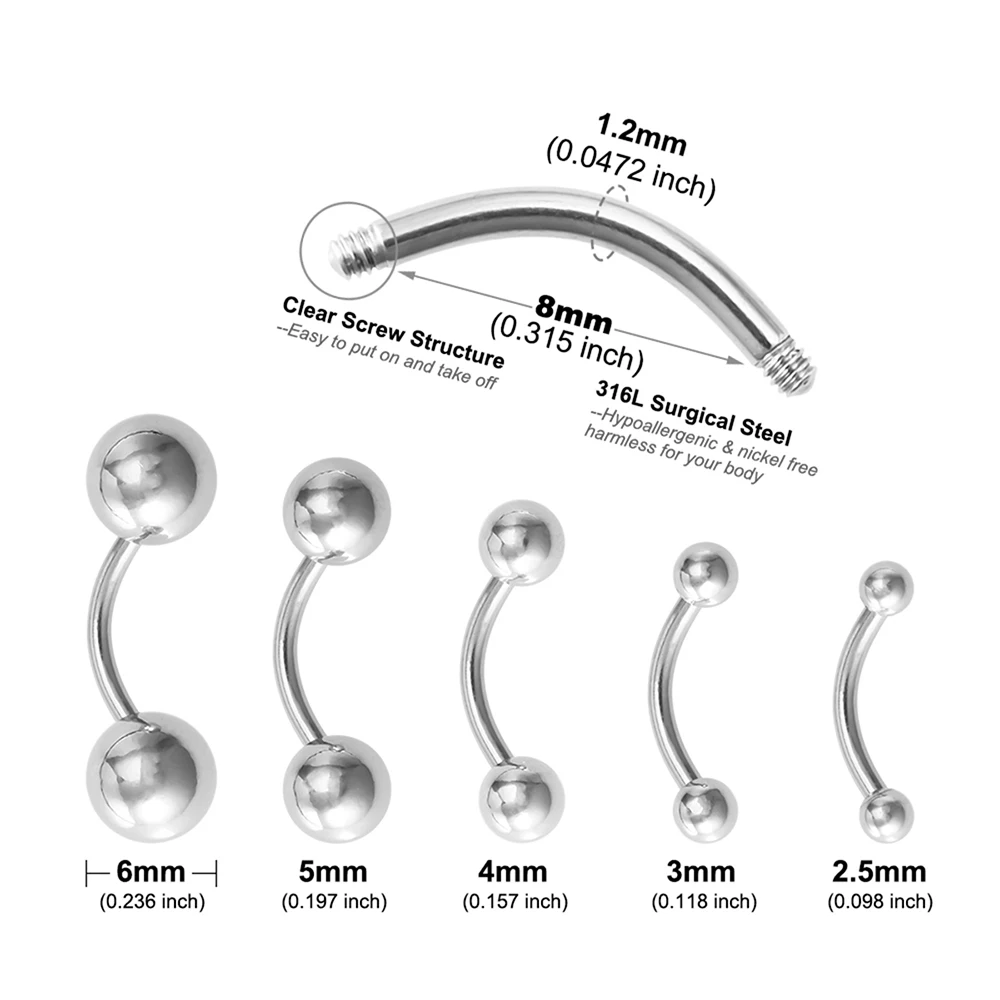 5pcs 2.5mm-6mm Ball Mixed Size Banana Bar Eyebrow Stud for Women Men Stainless Steel Nail Stud Trendy Cartilage Barbell Piercing