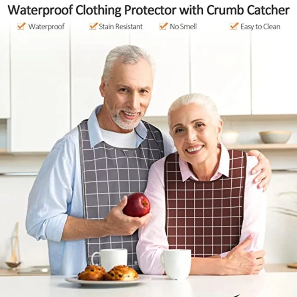 Comfortable Waterproof Elderly Bib Large Size Stain Resistant Eating Smock Plaid Pattern Washable Adult Feeding Bib Elderly Care