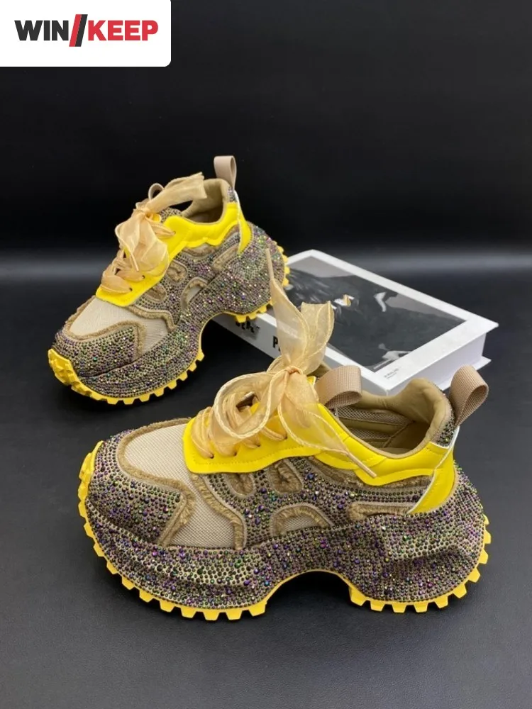 

Ladies Spring Color Block Breathable Shiny Diamonds Inner Thick Soled Running Shoes Lace Up Outdoor Training Jogging Sneakers