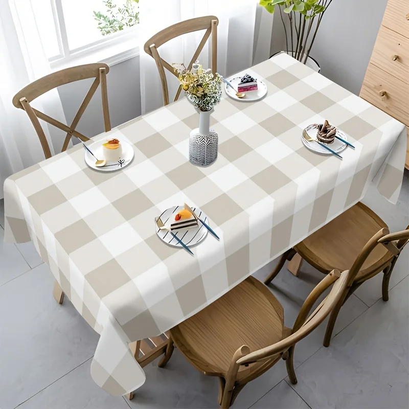 Buffalo Check Tablecloth, Soft Beige White Plaid Art Print Waterproof Table Cover, Washable for Indoor Dining Table Decor