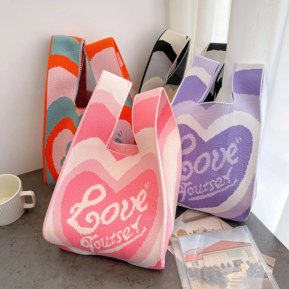 Bolsa de malha artesanal para mulheres, bolsa de pulso mini nó, cor casual feminina, listra larga, sacola xadrez, sacola de compras reutilizável para estudantes