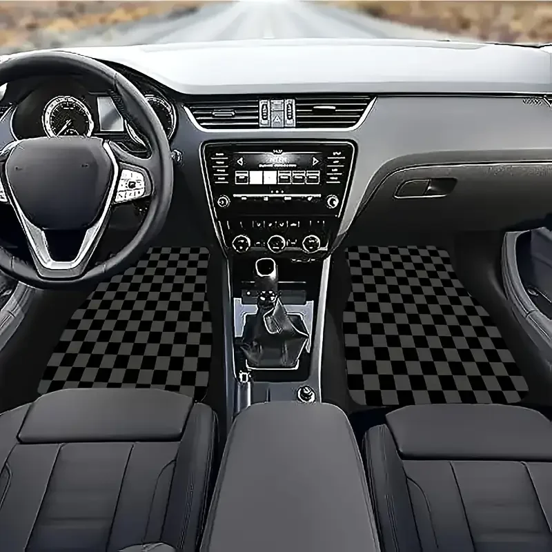 

4pcs Checkered Car Mat Set Black Absorbent Anti-Slip Floor Mats Washable Car Mats Vehicle Interior Accessories