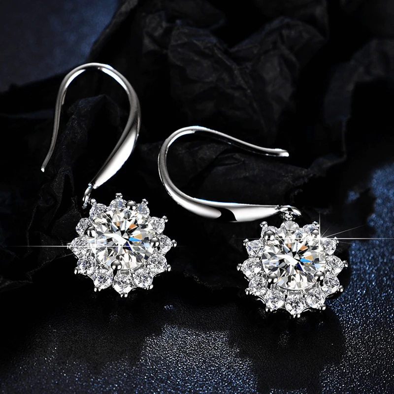 New Fashion Fine 925 Sterling Silver Round Zircon Sunflower Drop Earrings Women Wedding Jewelry Snowflake Crystal Hook Eardrop