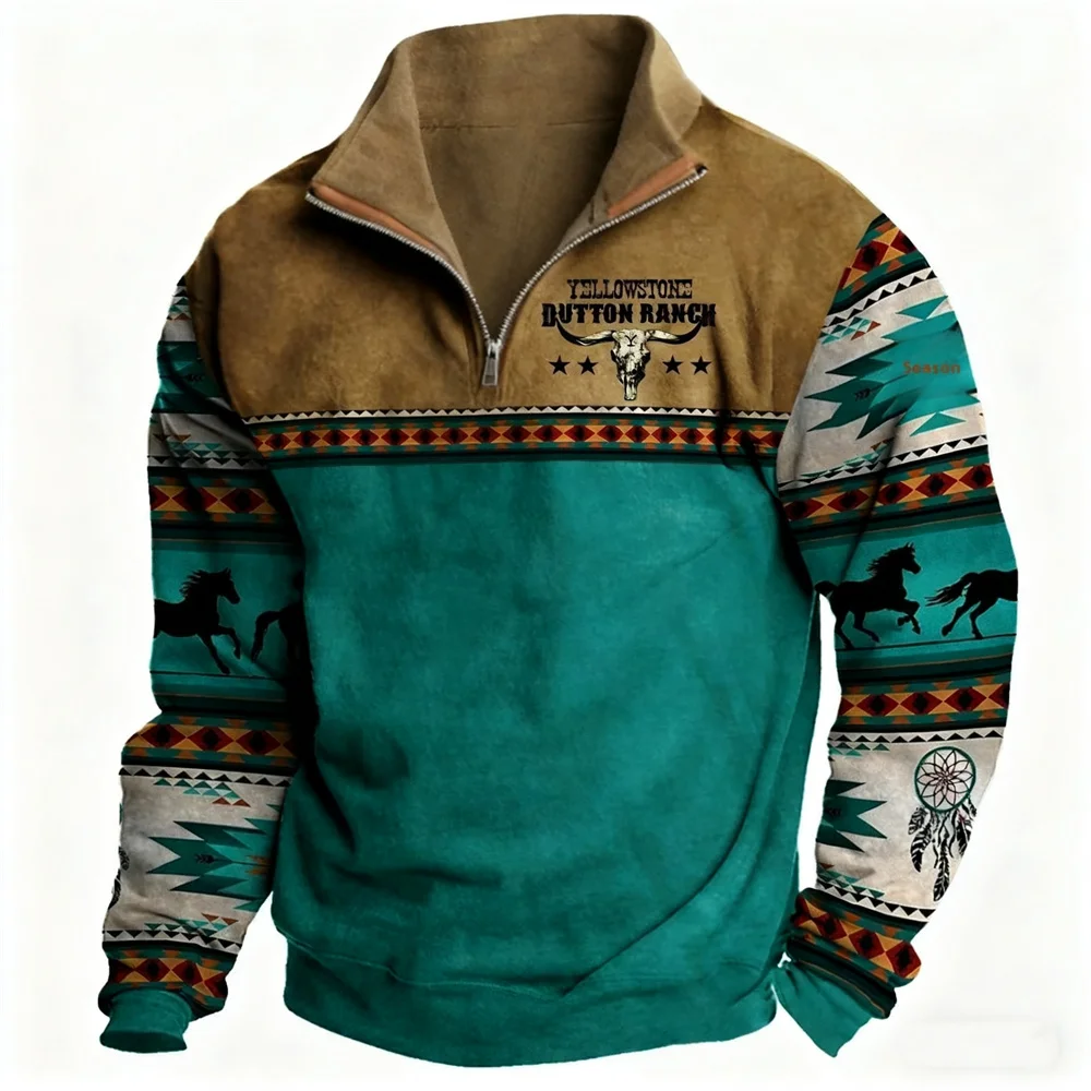 

Ethnic Style Vintage Pattern Zipper Sweatshirt 3D Printed Creative Design Long Sleeve Half Zip Clothes Outdoor Loose Casual Tops