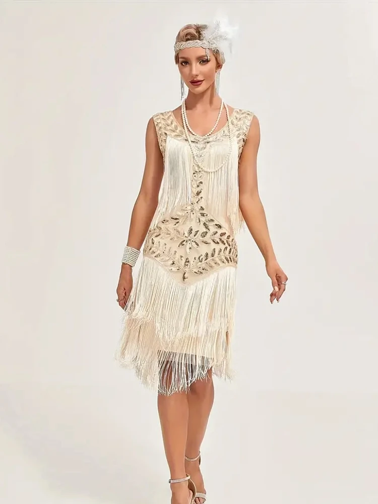 

1920s Sleeveless Flapper Dresses Scoop Neck Great Gatsby Dresses Fringed Sequin Roaring 20s Dress Cocktail Party Costume