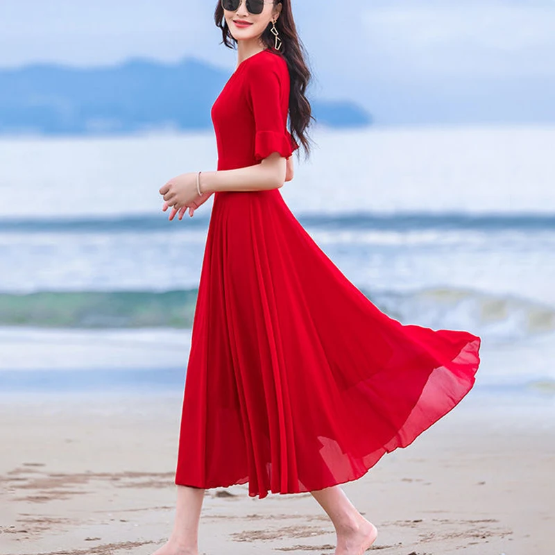 Summer V-neck Elegant Fashion Ruffles Beach Holiday Midi Dress Female Half Sleeve Waist Robe Women Solid Color Chiffon Vestidos