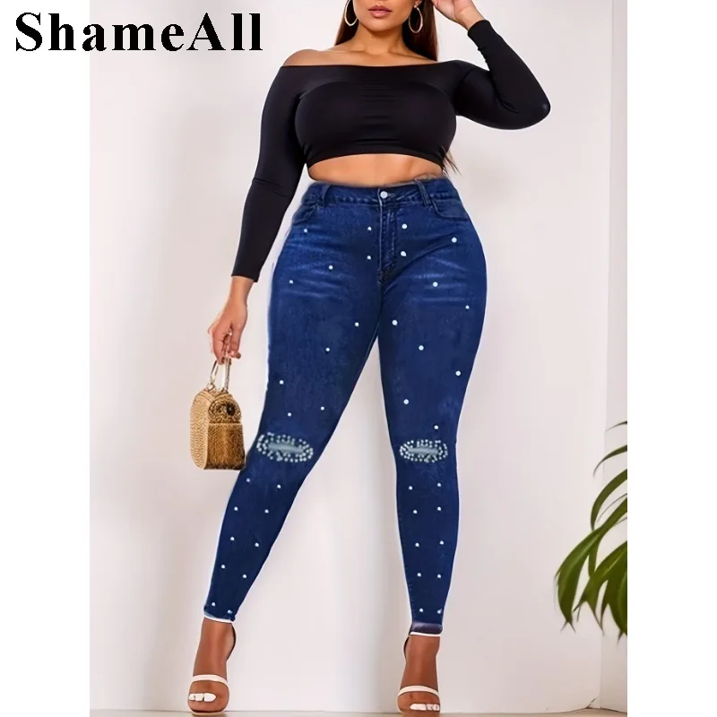 Women\'s Plus Size Sexy Skinny Jeans ,Faux Pearl Decor Raw Hem Denim Pants