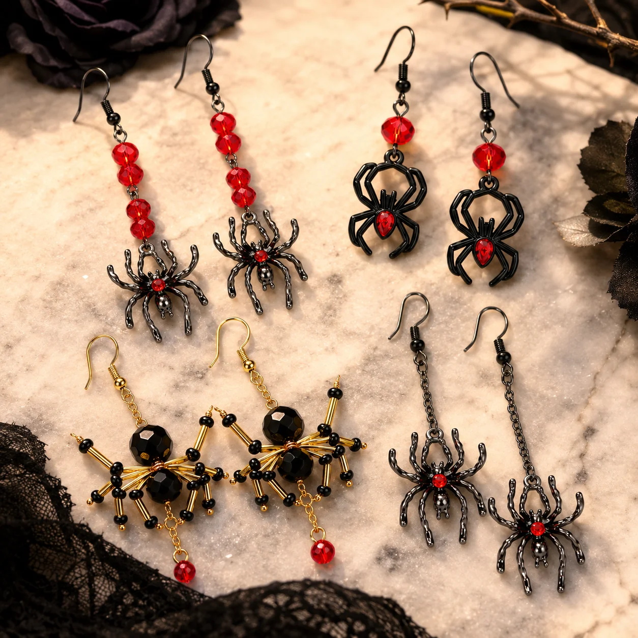 Halloween Gothic Crystal Spider Drop Earrings for Women Black Red Statement Dangle Fashion Jewelry Spooky Party Costume Gift