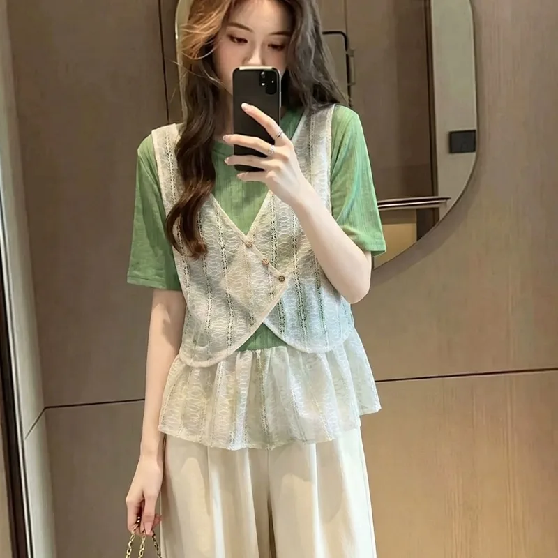 Women Clothing Summer Korean Fashion Solid Color O-neck Female All-match Fashionable Fake Two Pieces Young Style Slim Cardigan