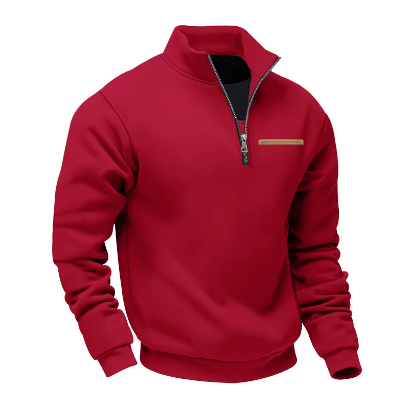 Amerikanischer Herbst- und Winter-Herrenpullover aus schwerem Fleece mit langen Ärmeln, halbem Reißverschluss, lockerem Schnitt und Stehkragen – Detail 12