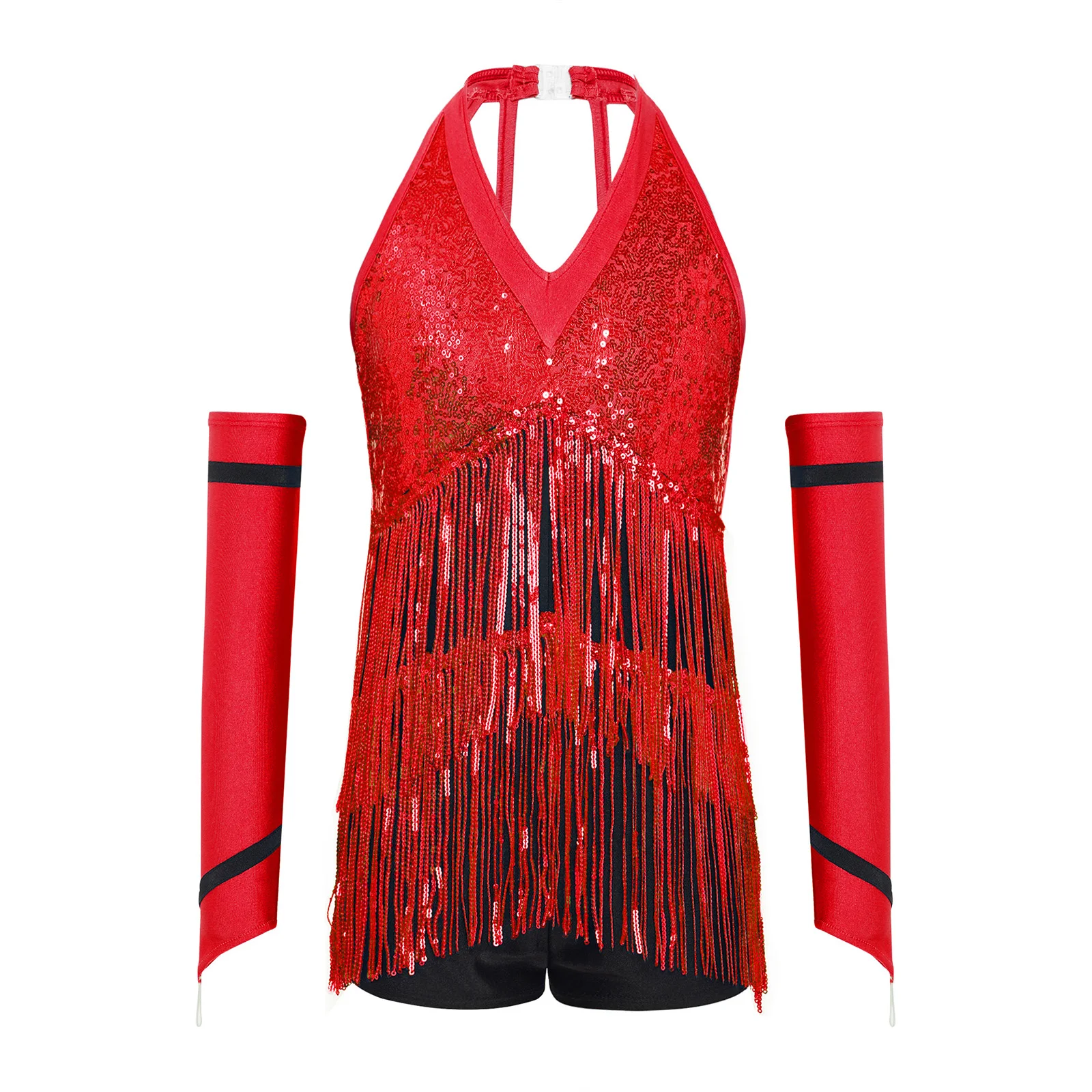 Children Girls Jazz Disco Dance Outfits Halter Sleeveless Strappy Back Shiny Sequins Color Block Latin Leotard with Gloves Set