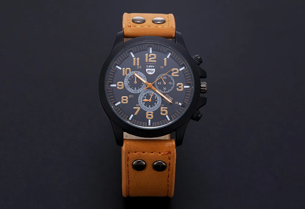 Men’s Casual Versatile Brown Series No Waterproof Alloy Leather Belt Digital watch Fashion Three Eyes Dial With Calender Reloj