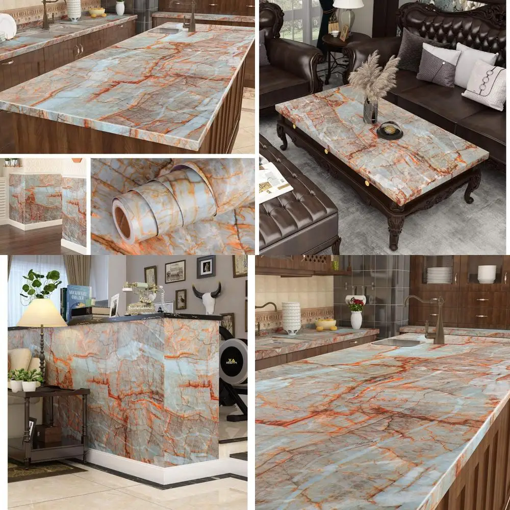 ورق اتصال قابل للتقشير واللصق من الرخام الفيروزي مقاوم للماء لأسطح الكونترتوب والحمامات، ورق جدران لاصق عريض 24 × 394