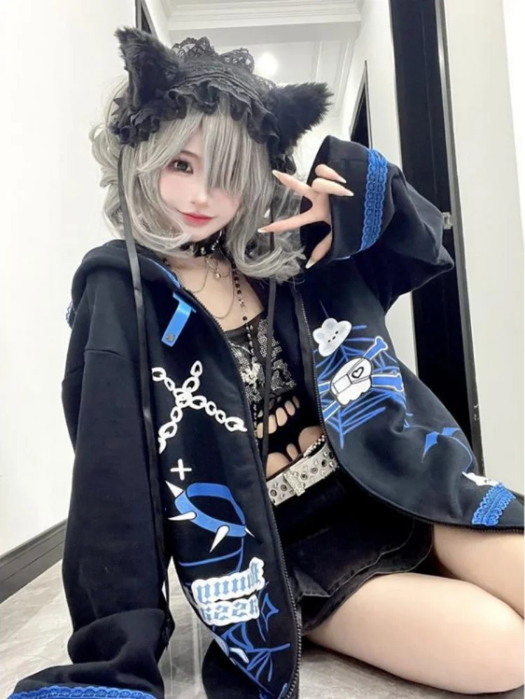 Harajuku Kawaii Hoodies Women Y2k Aesthetic Grunge Tops 2024 Loose Casual Zip Up Sweatshirt Rabbit Ear Cartoon Print Streetwear