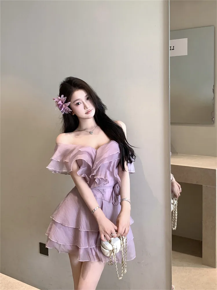Vestido de fiesta sin tirantes con volantes morados elegante de verano para mujer, minivestido Sexy de verano con hombros descubiertos y cuello oblicuo