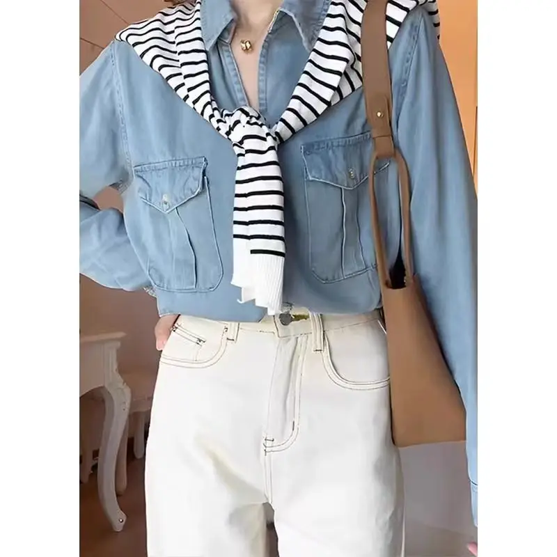 French Blue Retro Shirt Denim Jacket New Shirt Long Sleeves Women\'s Oversize Korean Reviews Many Clothes Autumn 2024 Ladies Y2k