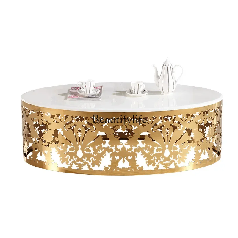 

P13Gold luxury glass coffee table metal oval hollow engraved plating
