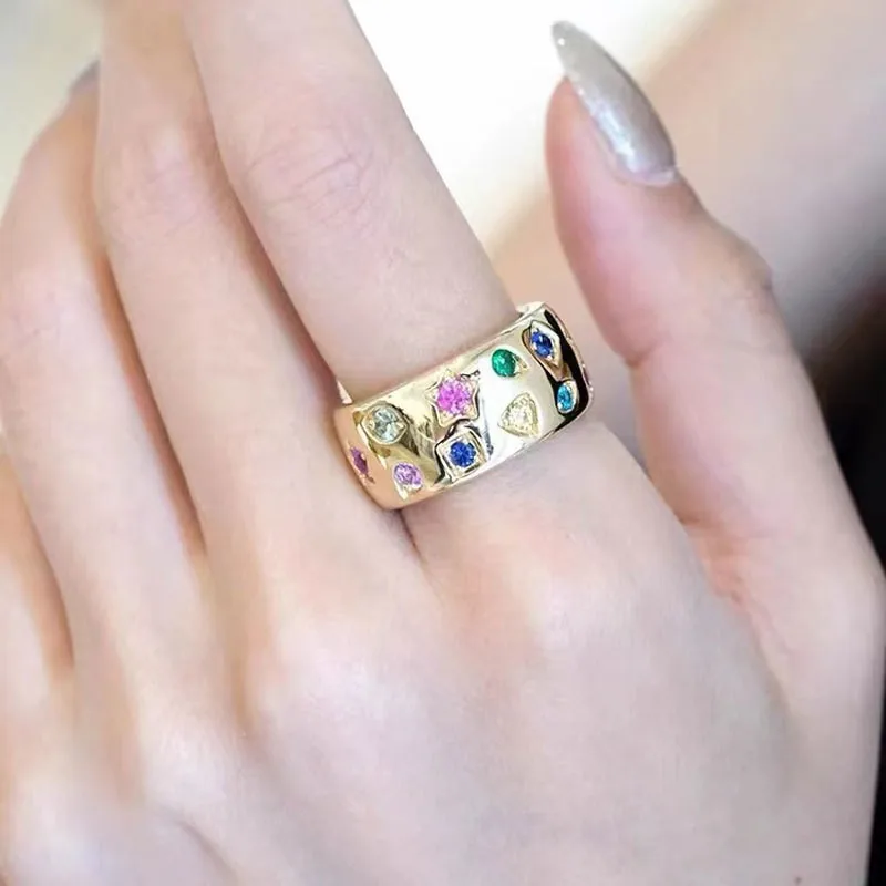 European and American Fashion Personality Double Row Color Zircon Geometric Gold Ring for Women 678 Size Versatile Jewelry Gift