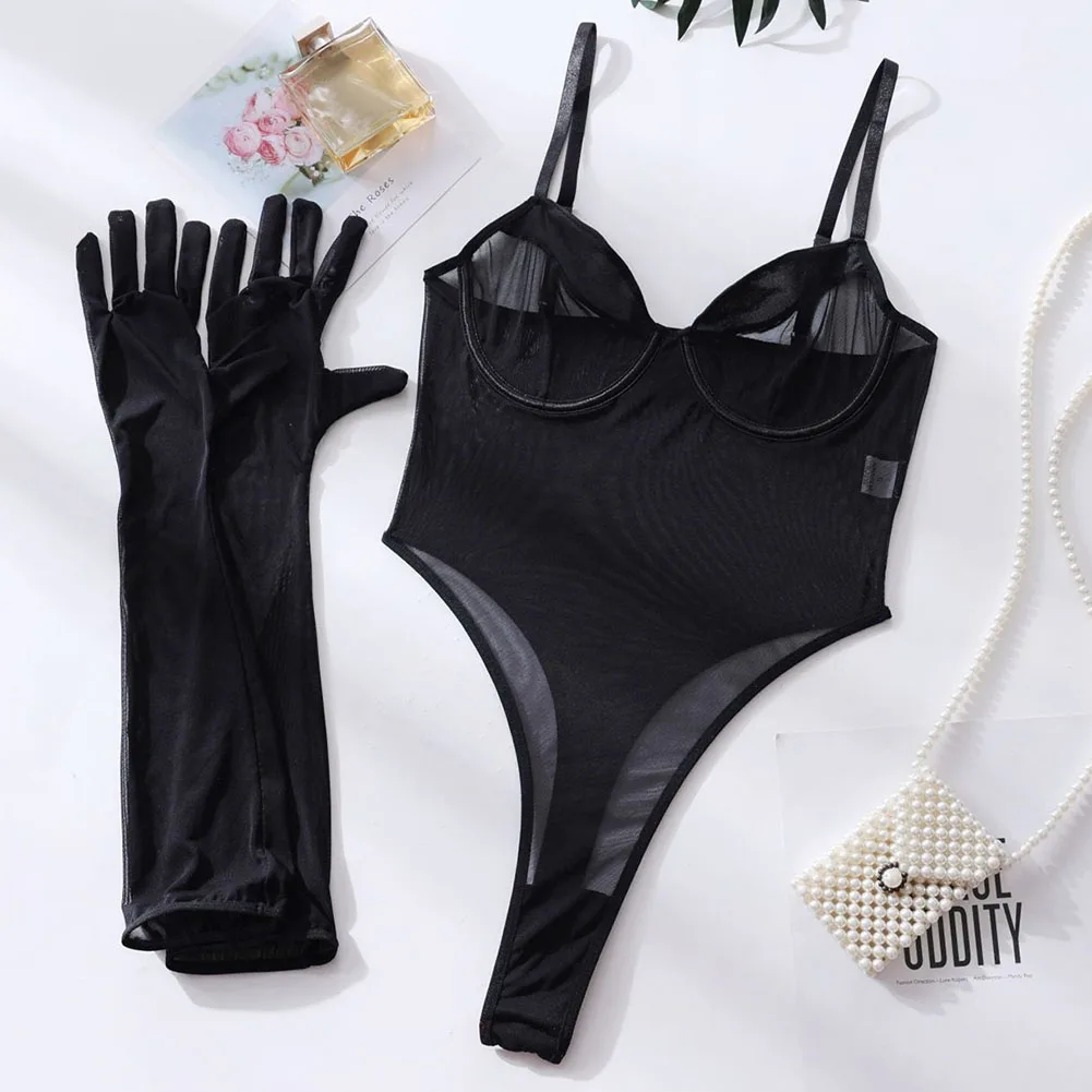 Women Ultra Thin Mesh Perspective Bodysuit Suspender Backless High Slit Jumpsuit Gloves Lingerie Suit Erotic Nightwear Clubwear