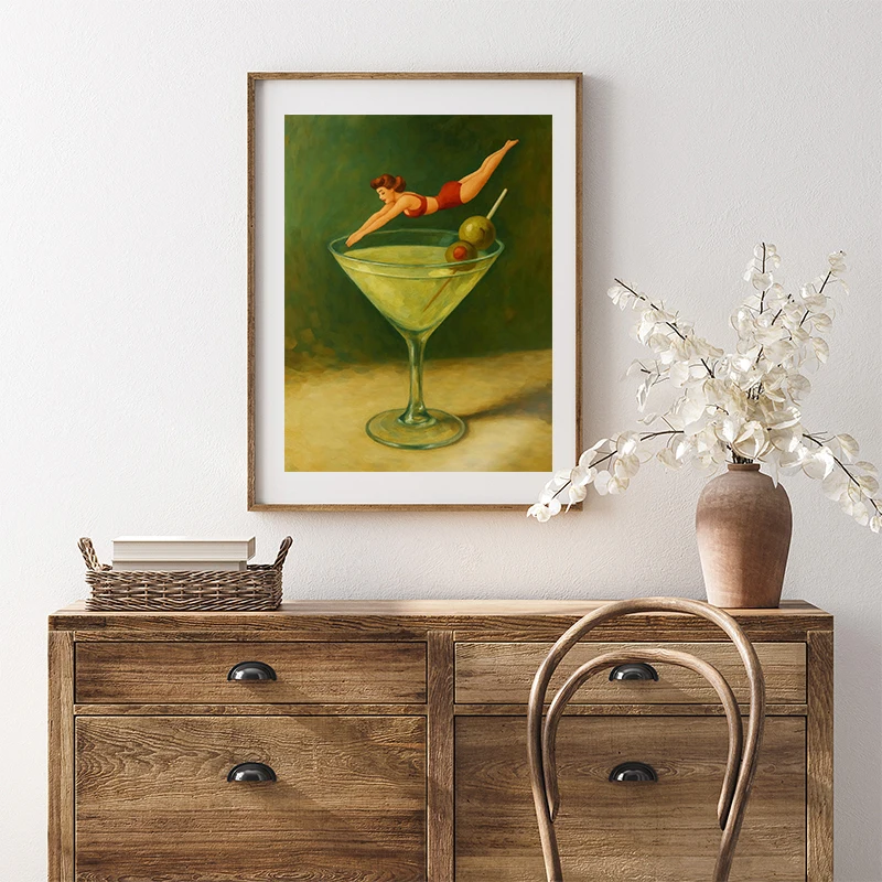 Diver Martini Glass Poster Girl Diving Cocktail Espresso Canvas Painting Print Wall Art Picture for Living Room Kitchen Decor