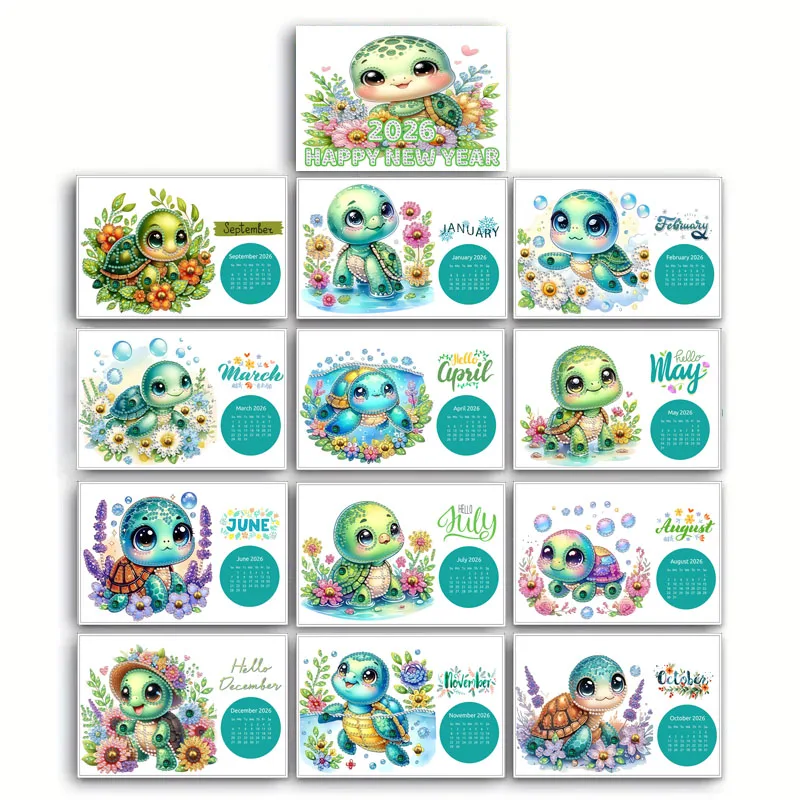 

12 Piece/Set DIY Diamond Painting Happy New Year 2026 Calendar with Cute Turtle/Wolf Pattern Handmade Diamond Art Calendar