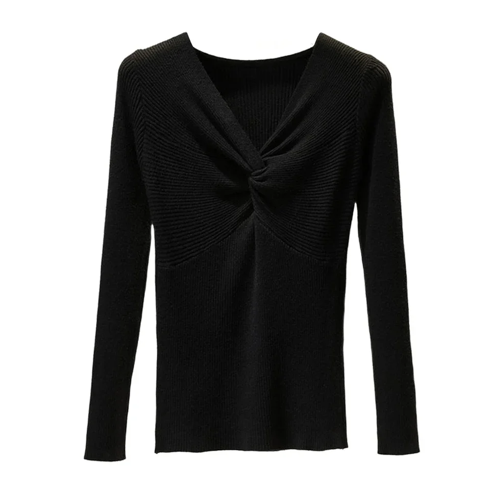 

Womens Long Sleeve Knitted Sweater Top with Cross Decoration V Neck Solid Color Suitable for Office and Casual