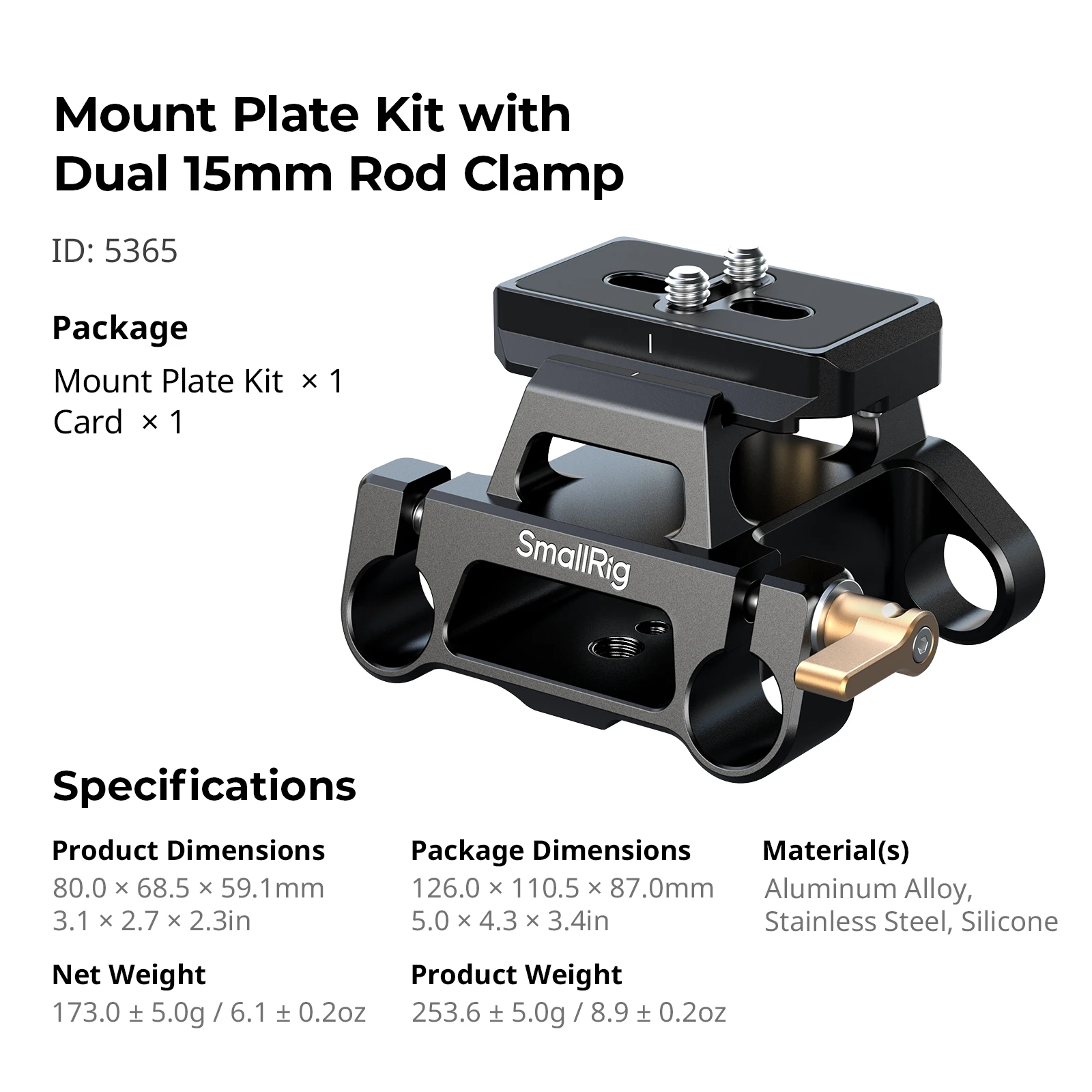 SmallRig Arca형 마운트 플레이트 키트(15mm 듀얼 로드 클램프 포함) 범용 통합 Arca-Swiss 베이스플레이트(퀵 릴리스 플레이트 5365 포함)