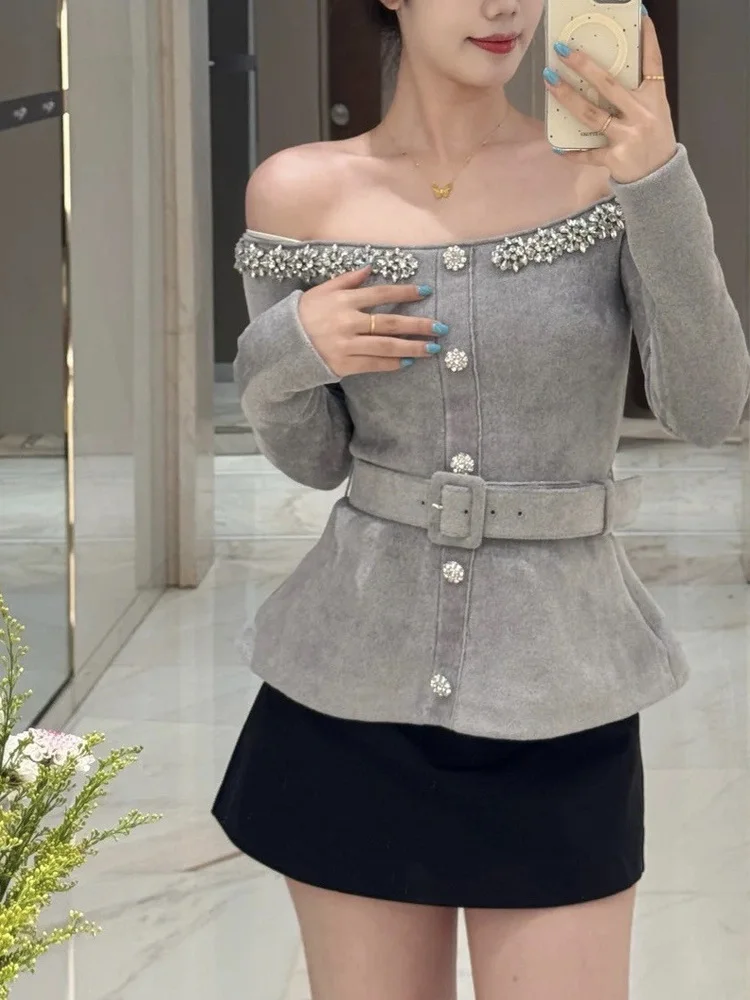High-End Velvet Knitted oulder-Baring Long Sve Top French Sle Heavy Embellied One-oulder Velvet Knitwear for Women