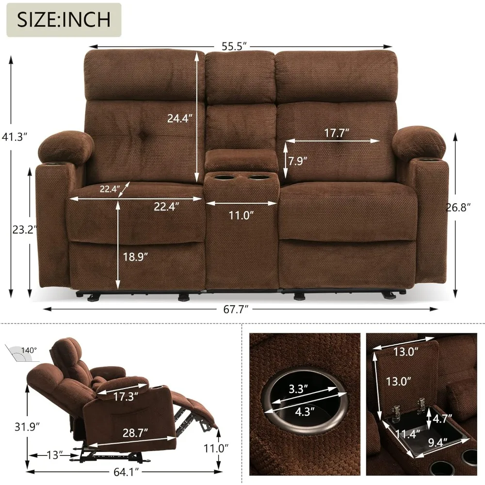 68'' Power Reclining Loveseat with Console, Electric Reclining Loveseat with Heat and Massage, Cup Holders, Lumbar Supports