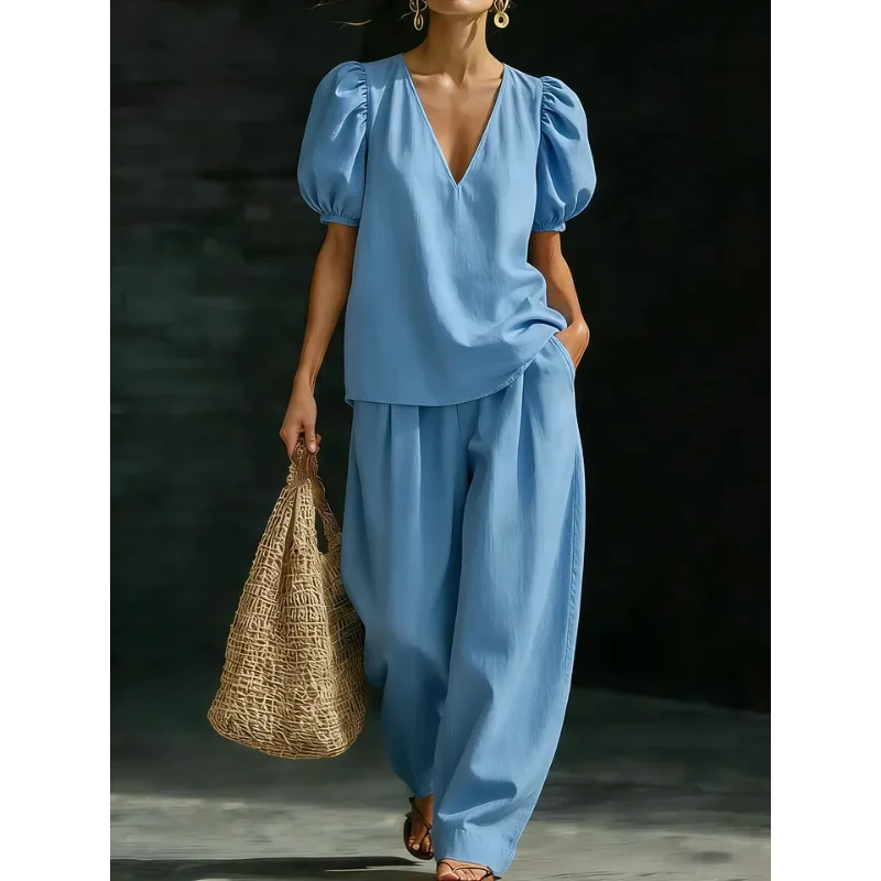 

Women's V-Neck Puff Sleeve Two-Piece Set Casual Loose Wide Leg Pants Summer Outfit
