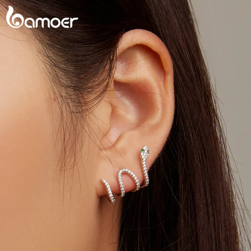 Bamoer 925 Sterling Silver Post Snake Stud Earrings Multi-layer Earrings Pave Setting Zircon for Women Unique Design Jewelry