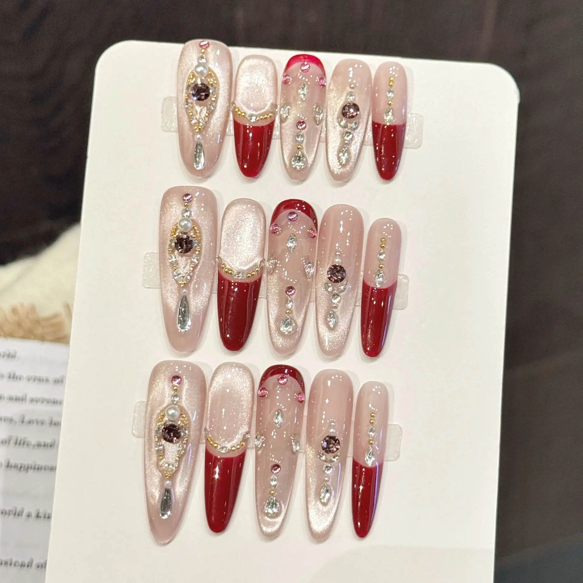 10pcs Handmade Light Luxury Press on Nails Charming Wine Red French False Nails Wearable Flash Diamond Decor Cat's Eye Fake Nail