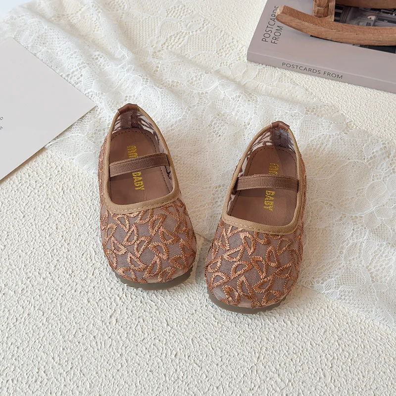 Spring Summer Mesh Girls Flats Shoes Embroider Breathable Children Princess Shoes Elastic Band Anti Slip Kids Ballet Flats