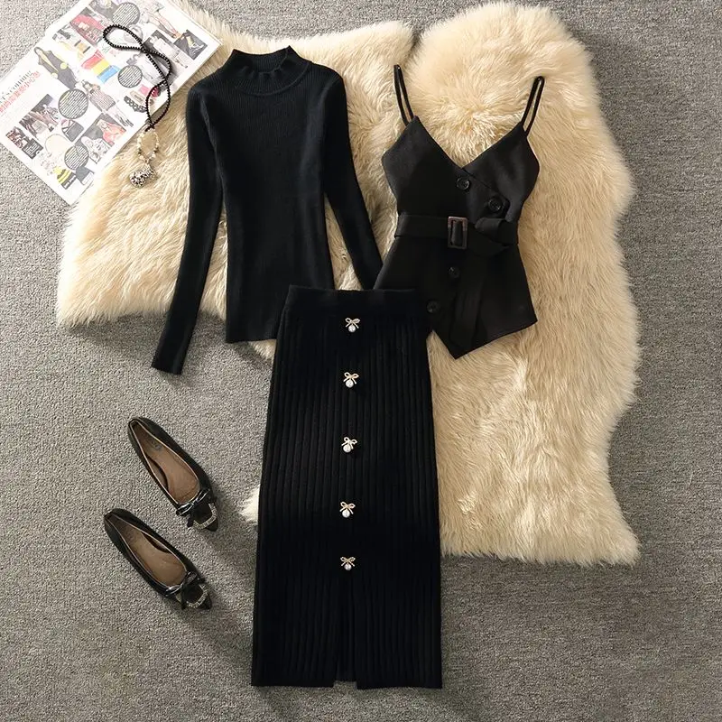 

Autumn Winter Fashion Sling Vest Black Bottom Sweater Knitted Wrap Hip Skirts 3 Piece Set Lady Graceful Tops Bowknot Skirt Suits