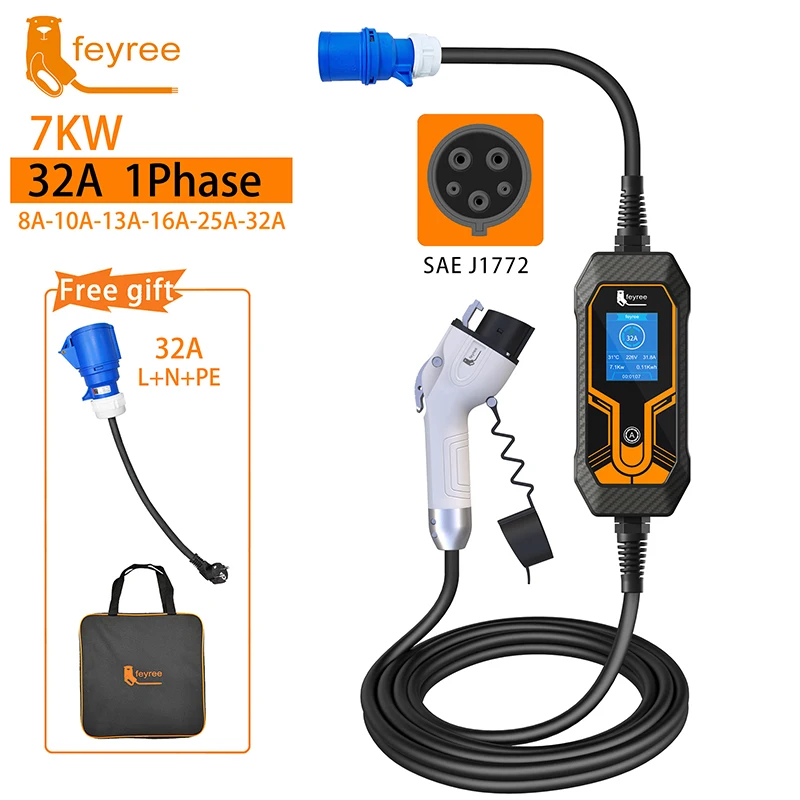 Feyree Draagbare EV Charger Wallbox Type1 j1772 7KW 32A 1 Fase met CEE Plug EVSE Oplaaddoos voor Elektrische Autolader 5m Kabel