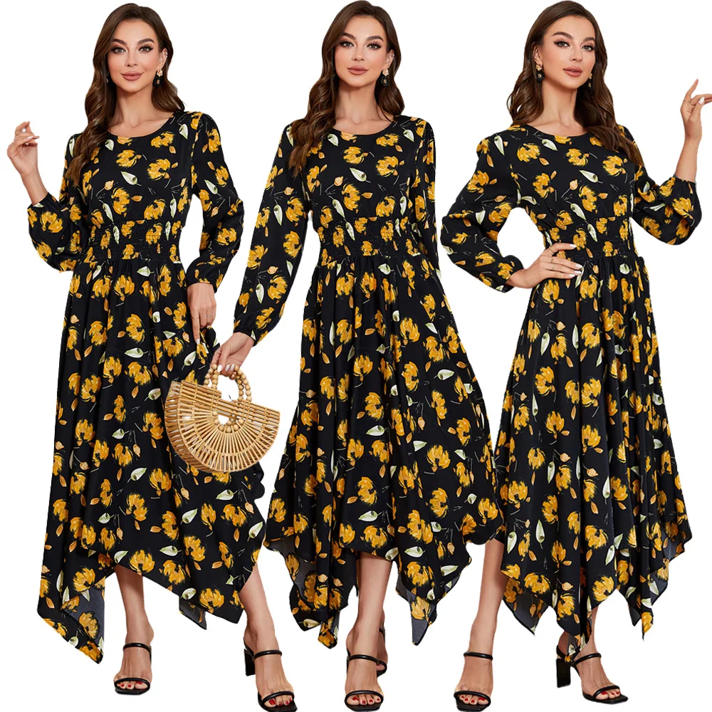 

Bohemian Print Vintage Abaya Women Muslim Long Sleeve Maxi Dresses Turkey Arab Kaftan Beach Party Gown Holiday Sundress Vestidos