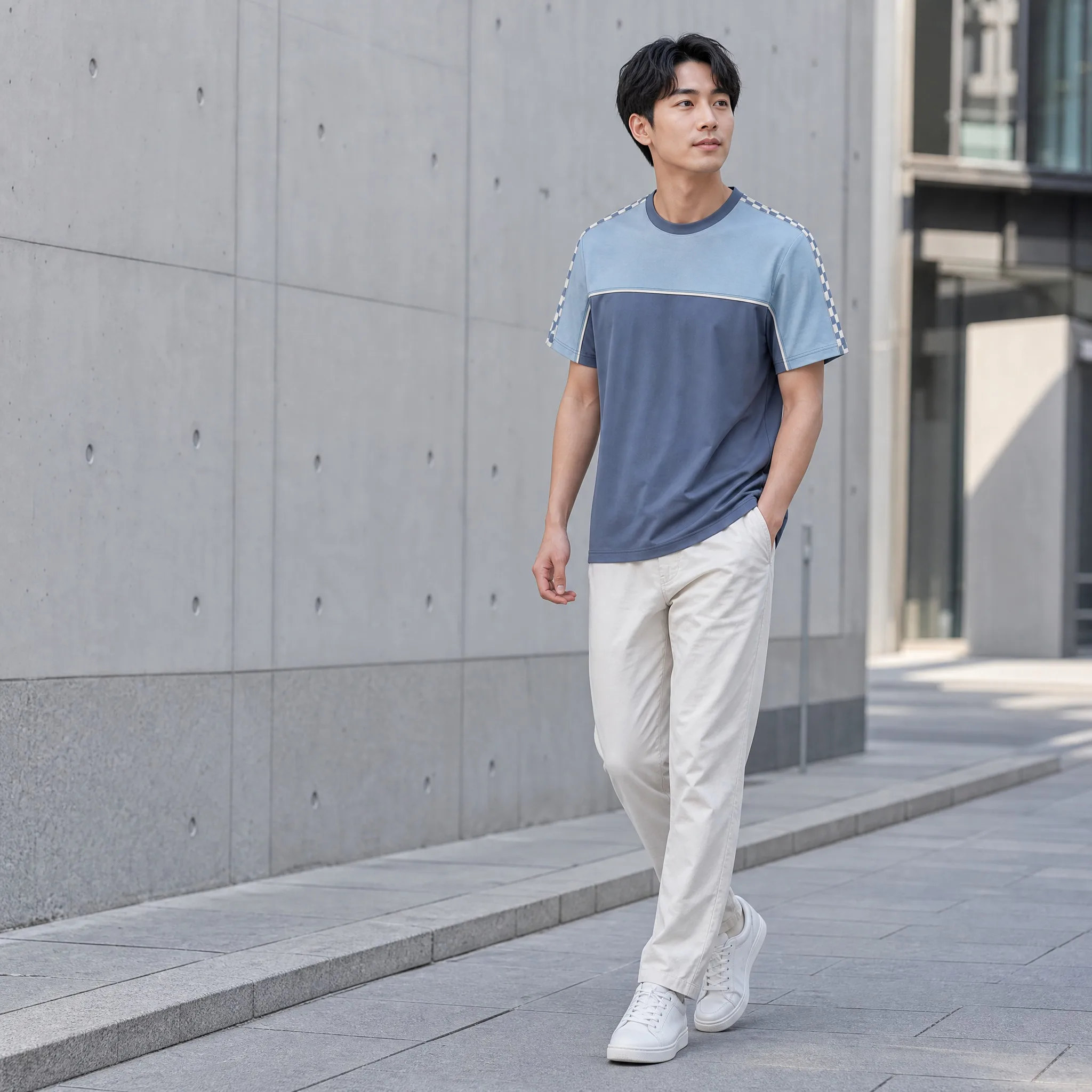 American Retro F1 T-Shirt Men Blue Color Block Checkered Sleeve Trim Geometric F1 Emblem Casual Streetwear Short Sleeve T-Shirt