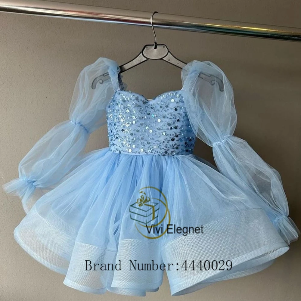 Sky Blue Full Sleeve Strapless Flower Girl Dresses for Women Real Picture 2023 Summer Sequined Wedding Party Gowns فساتين اطفال