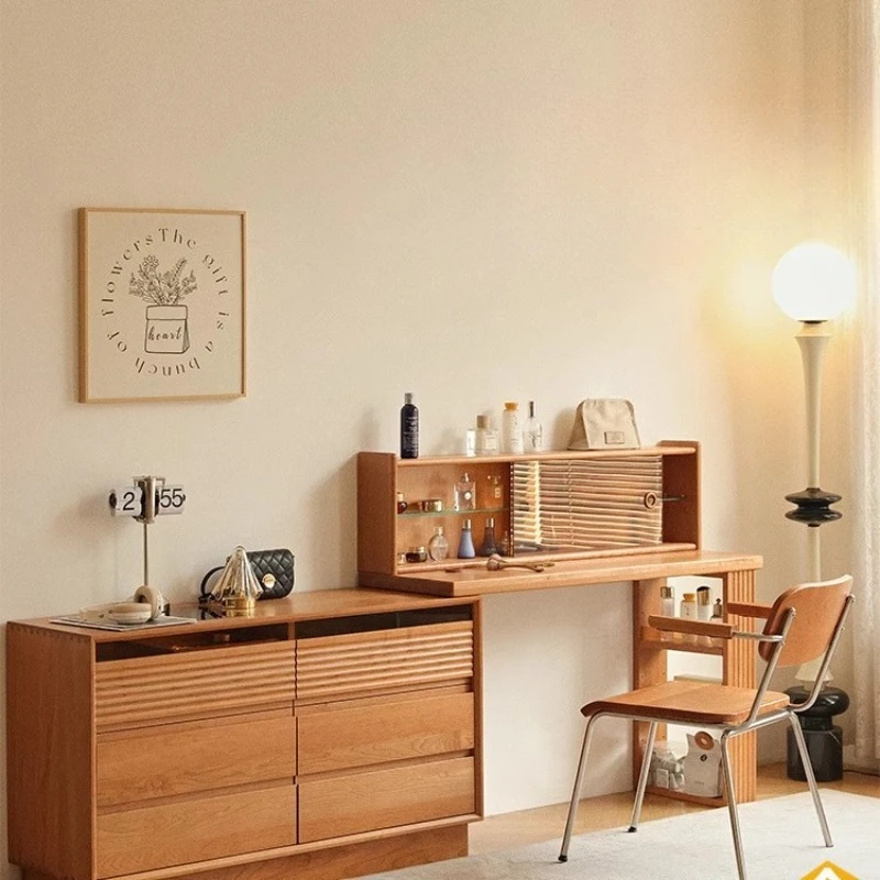خزانة طاولة مكياج من الخشب الصلب الاسكندنافي مدمجة، خزانة جانبية للسرير من خشب الكرز قابلة للسحب #1