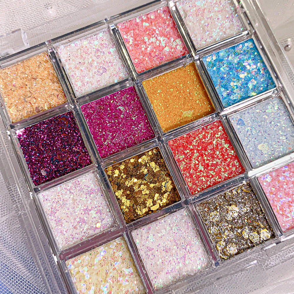 16-Color Shiny Sequins Flakes Eyeshadow Palette Hexagon Sequin Pumpkin/Cherry/Blue/Purple/Gold Make up Eyeshadow Cream Flake Dec