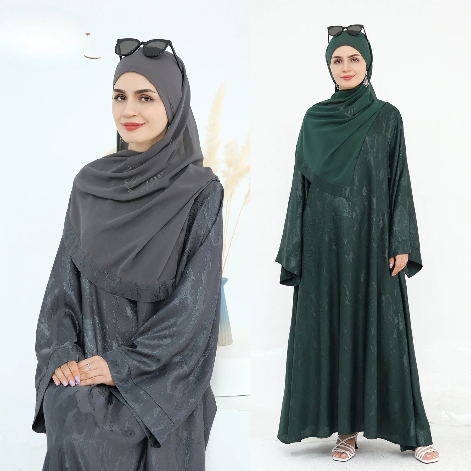 Mode musulmane 2 pièces robe écharpe ensemble femmes lisse Jacquard caftan robe grande taille Abaya Hijab ensembles musulman islamique vêtements costume