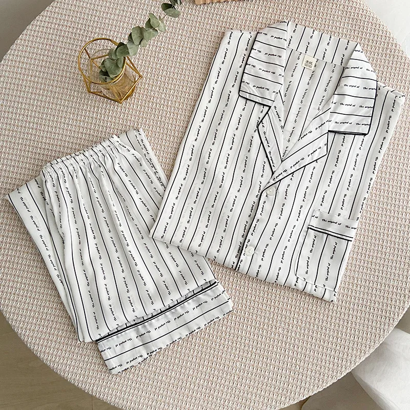 2PCS Pajamas Suit Women Print Striped Sleep Set Satin Casual Nightwear Home Clothes Long Sleeve Pyjamas Intimate Lingerie