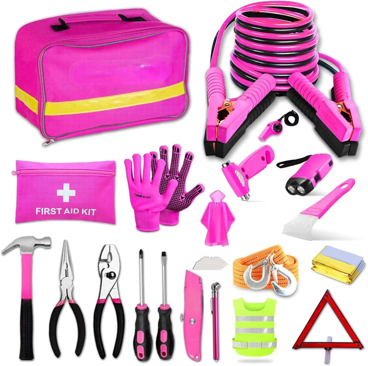 

Pink Teen Girl and Lady's Emergency Car Kit with Pink Tools for Roadside Assistance, Including 10FT Jumper Cable - Great Gifts F