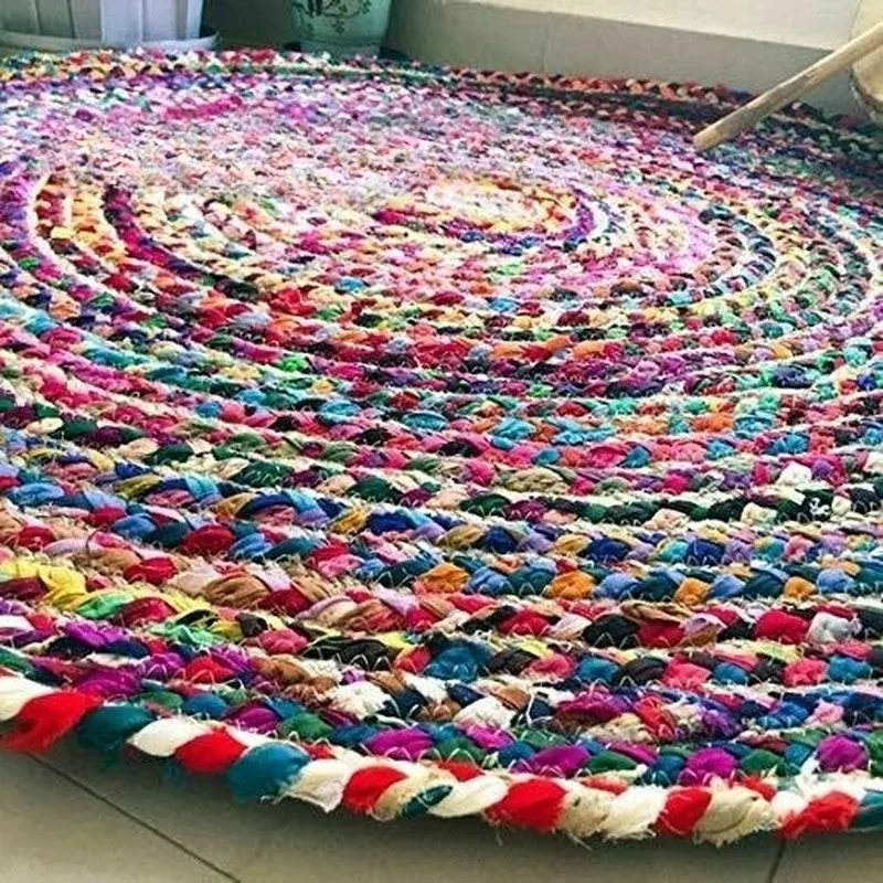 Jute Rug Cotton Handmade Reversible Multicoloured Round Area Rug Modern Look Rug Carpets for Home Living Room Home Decor