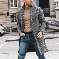 Men Jacket  Autumn and Winter Trend Long Thousand Bird Plaid Youth Woolen Coat Men
