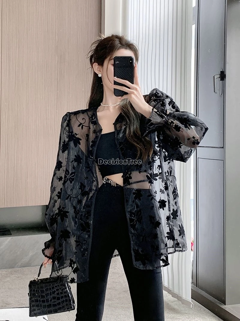 2024 chinese style sexy summer sunscreen top national solid color embroidery exquisite cardigan shirt loose gauze outerwear top