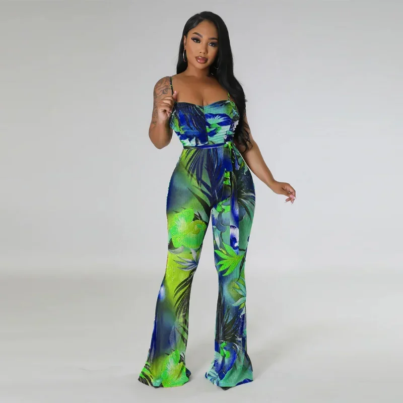 

KEXU Fashion Women Floral Printed Wide Leg Pleated Jumpsuit 2024 Summer High Waist Spaghetti Strap Flare One Piece Set Playsuit