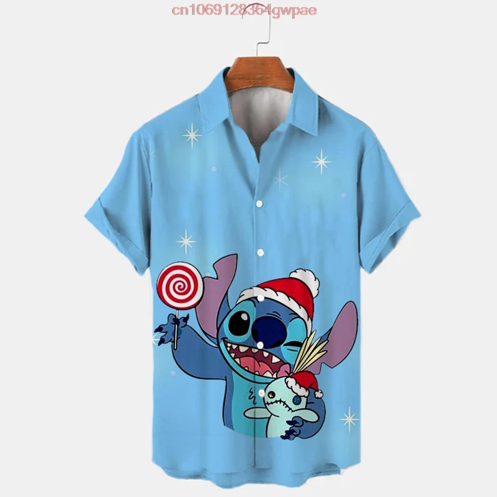 Disney Stitch camisa hawaiana de Navidad para hombres y mujeres, camisa informal de playa, camisa hawaiana de Disney, camisa de manga corta con botones